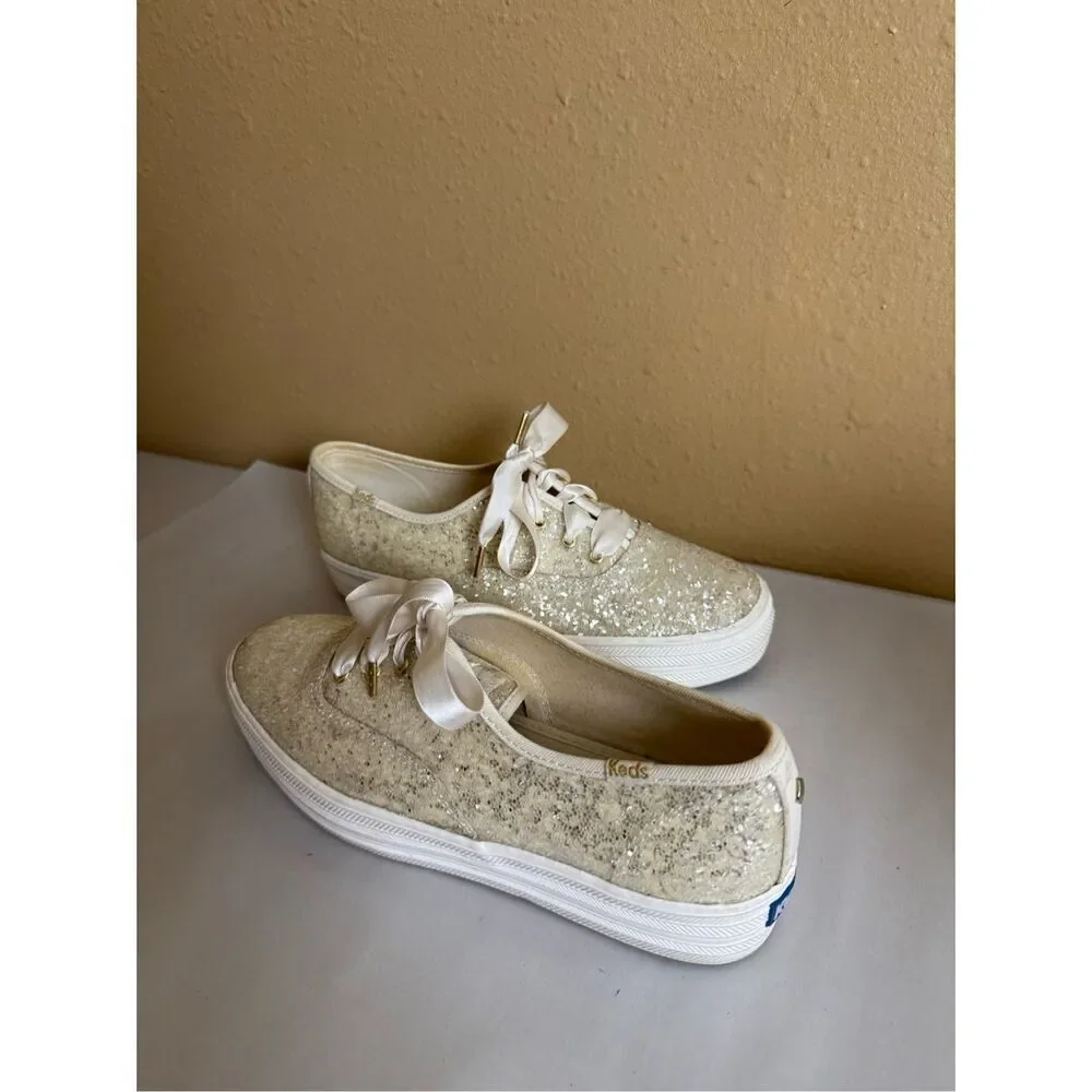 Keds x Kate Spade Glitter Sneakers Cream Ribbon Lace Womens 7